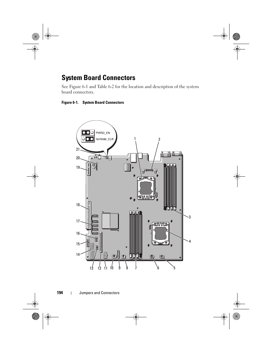 System board connectors, Figure 6-1 for jumper, Stem. see figure 6-1 for | D. see figure 6-1, Sas_b on the backplane. see figure 6-1, Ets. see figure 6-1, See figure 6-1 for the location of the connector, Figure 6-1, See figure 6-1 for the locations of | Dell PowerEdge R510 User Manual | Page 194 / 216