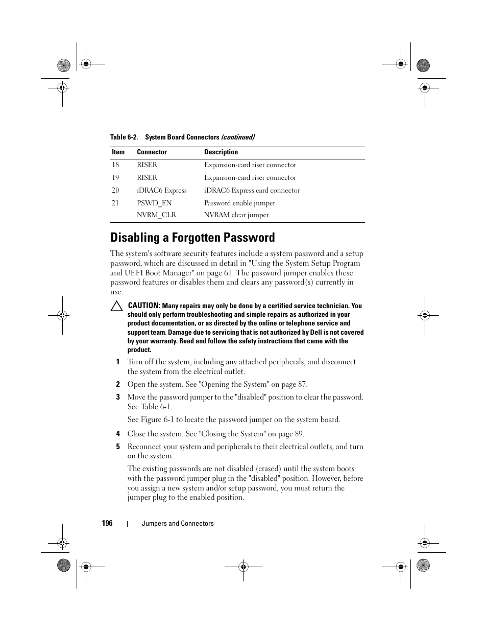 Disabling a forgotten password | Dell PowerEdge R510 User Manual | Page 196 / 216