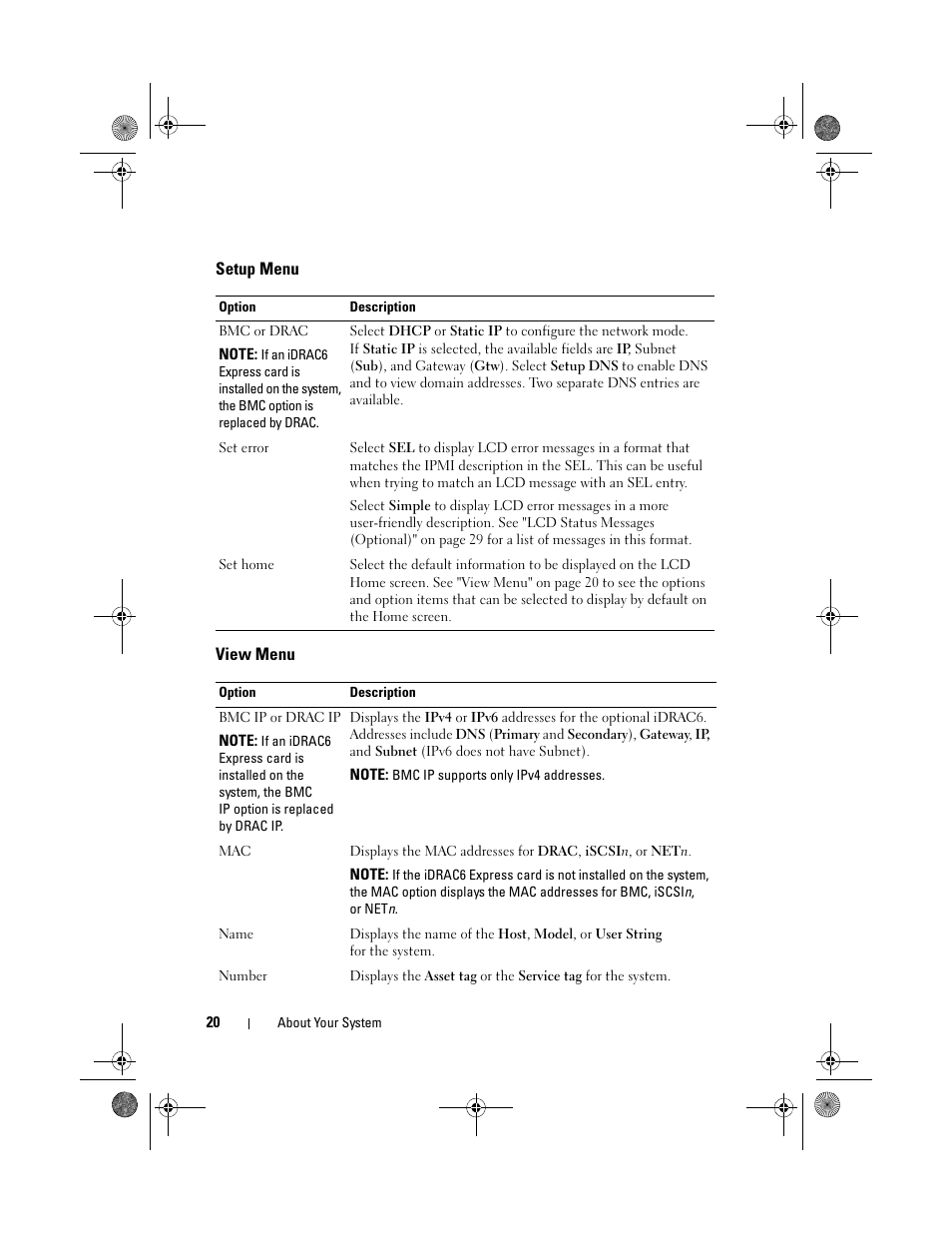 Setup menu, View menu | Dell PowerEdge R510 User Manual | Page 20 / 216