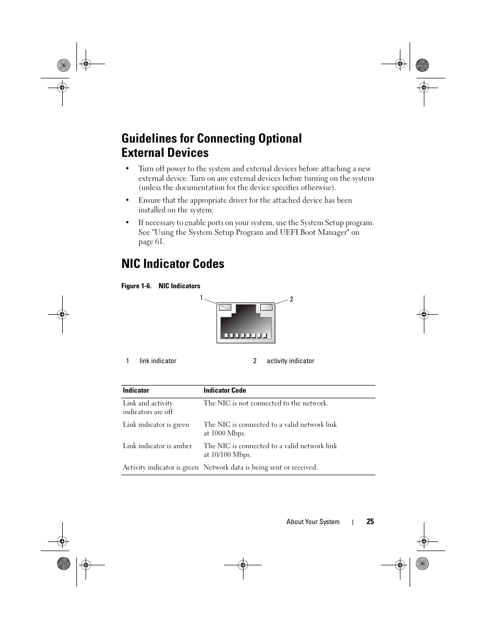 Nic indicator codes, Guidelines for connecting optional external, Devices | Dell PowerEdge R510 User Manual | Page 25 / 216