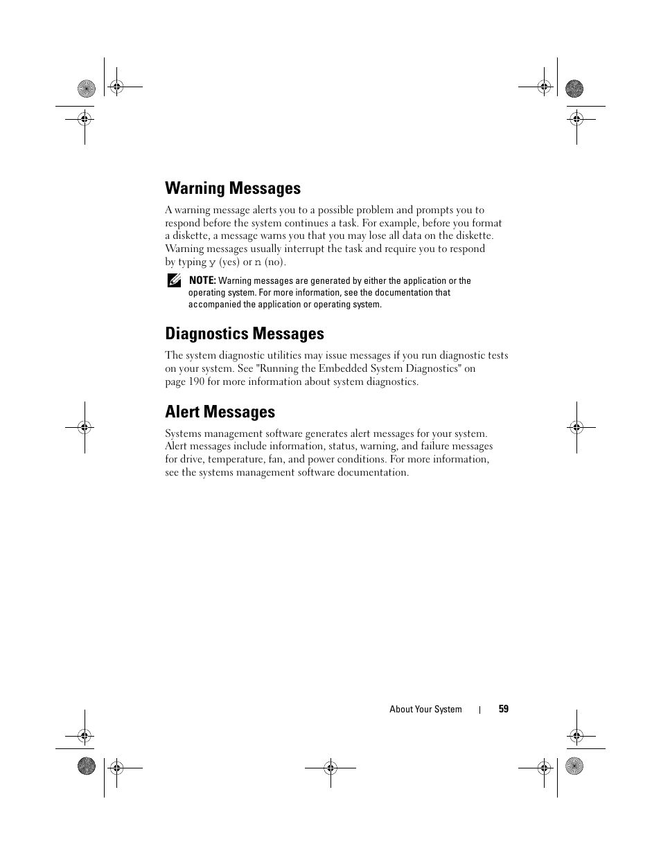 Warning messages, Diagnostics messages, Alert messages | Dell PowerEdge R510 User Manual | Page 59 / 216