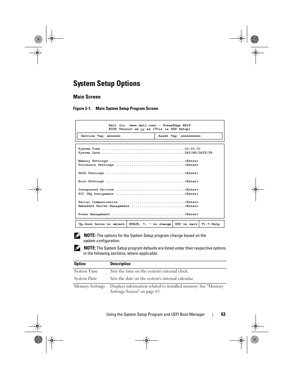 System setup options, Main screen | Dell PowerEdge R510 User Manual | Page 63 / 216