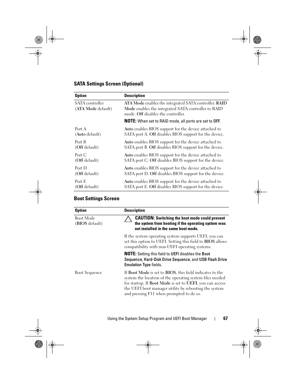 Sata settings screen (optional), Boot settings screen | Dell PowerEdge R510 User Manual | Page 67 / 216