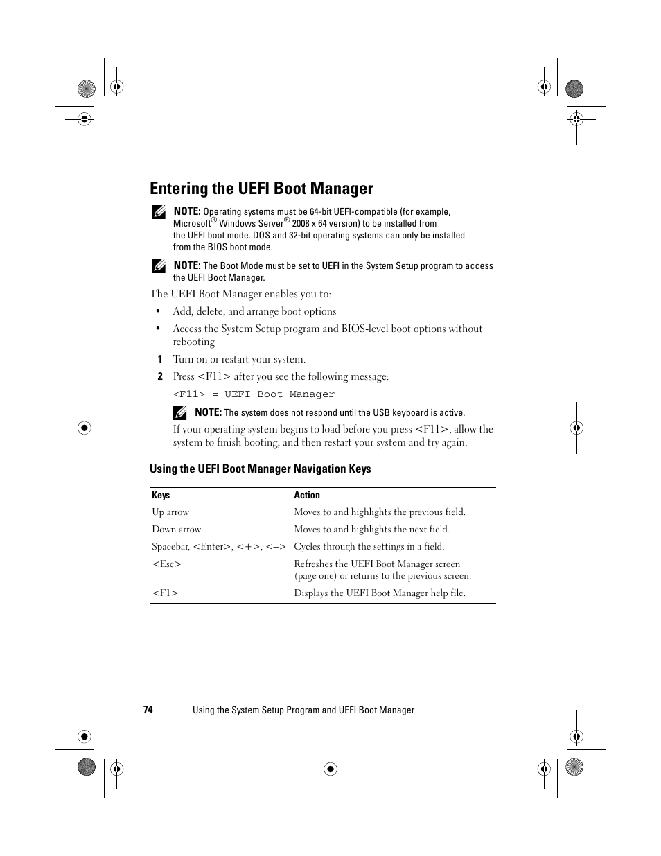 Entering the uefi boot manager, Using the uefi boot manager navigation keys | Dell PowerEdge R510 User Manual | Page 74 / 216
