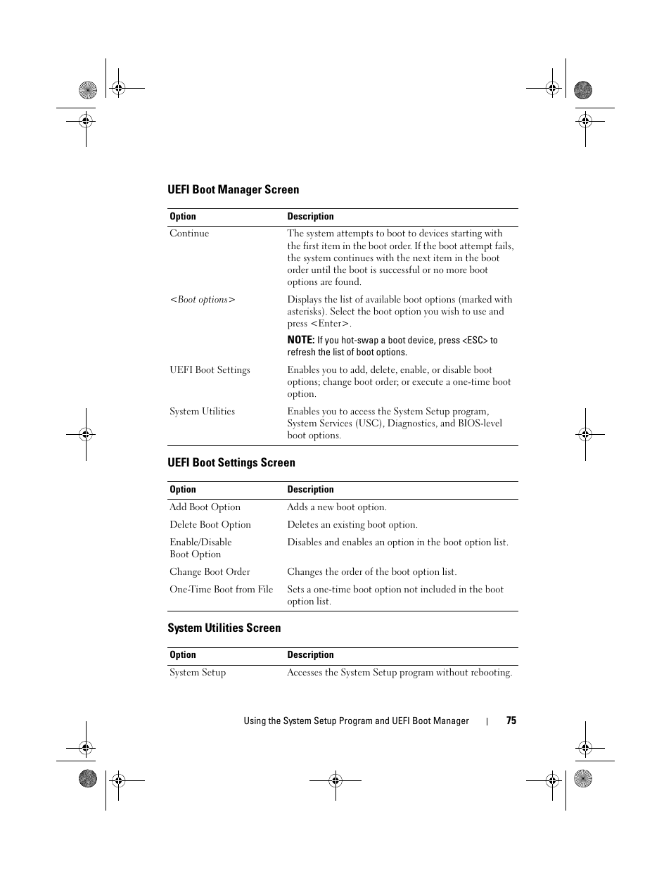 Uefi boot manager screen, Uefi boot settings screen, System utilities screen | Dell PowerEdge R510 User Manual | Page 75 / 216