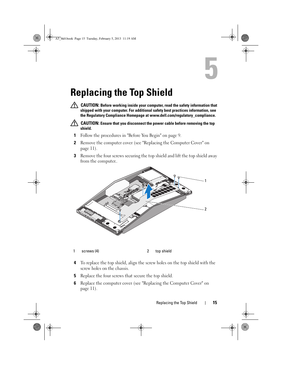 Replacing the top shield | Dell XPS One 24 (Late 2008) User Manual | Page 15 / 50