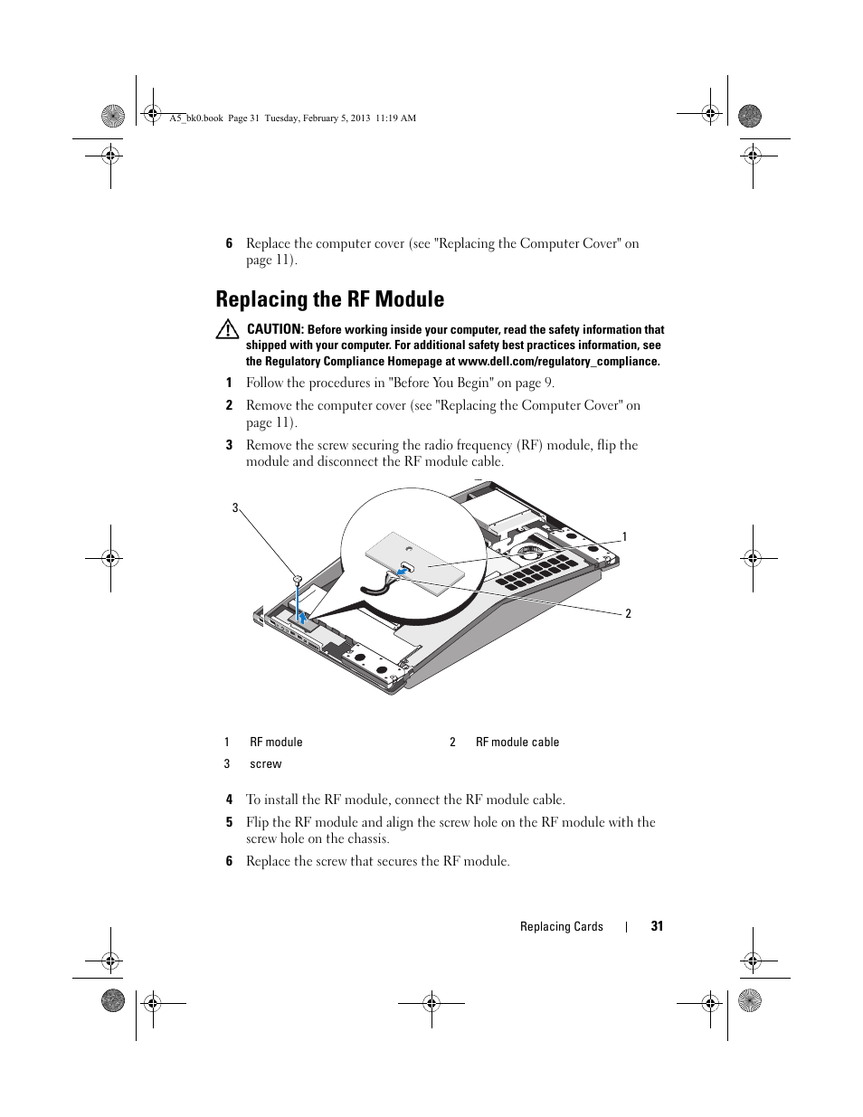 Replacing the rf module | Dell XPS One 24 (Late 2008) User Manual | Page 31 / 50