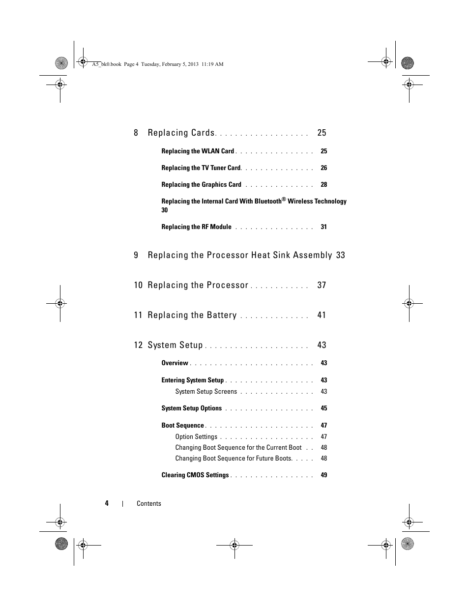 8 replacing cards, 9 replacing the processor heat sink assembly, 33 10 replacing the processor | 37 11 replacing the battery, 41 12 system setup | Dell XPS One 24 (Late 2008) User Manual | Page 4 / 50