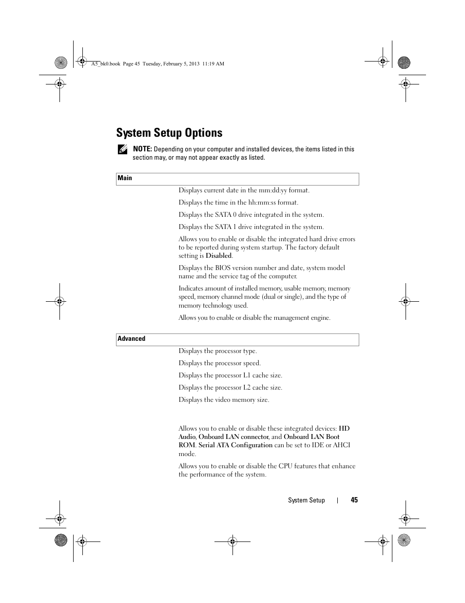 System setup options | Dell XPS One 24 (Late 2008) User Manual | Page 45 / 50