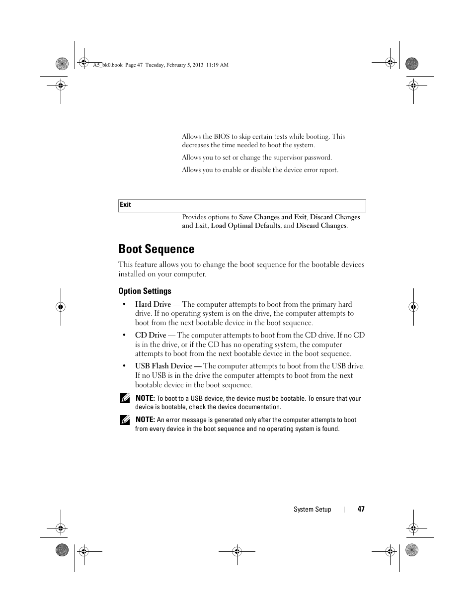 Boot sequence, Option settings | Dell XPS One 24 (Late 2008) User Manual | Page 47 / 50