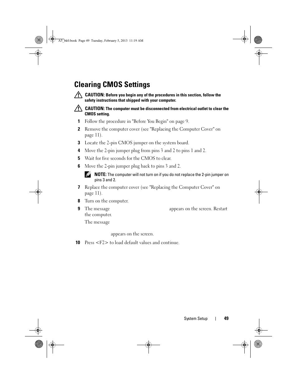 Clearing cmos settings | Dell XPS One 24 (Late 2008) User Manual | Page 49 / 50