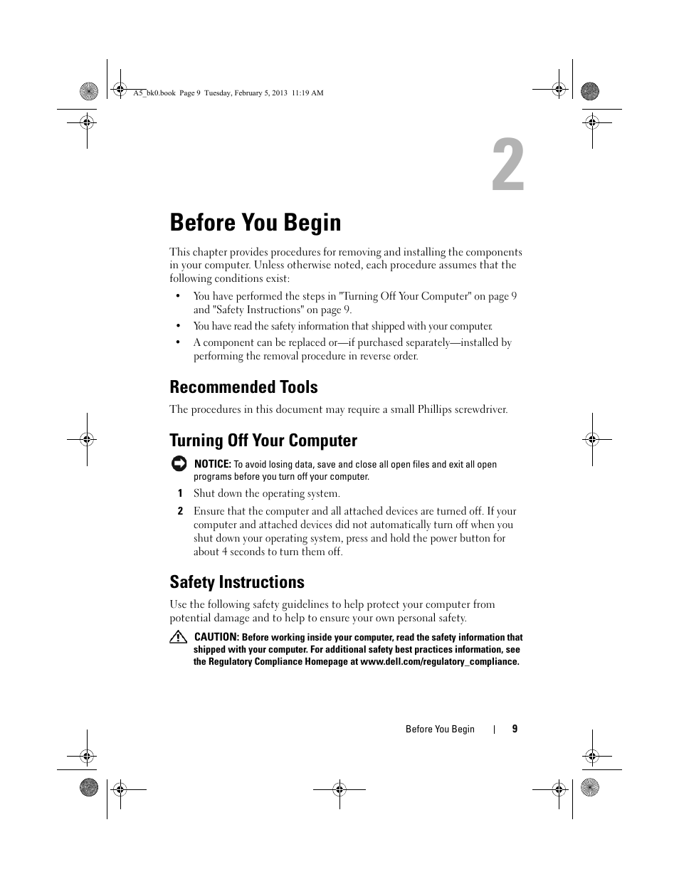 Before you begin, Recommended tools, Turning off your computer | Safety instructions | Dell XPS One 24 (Late 2008) User Manual | Page 9 / 50