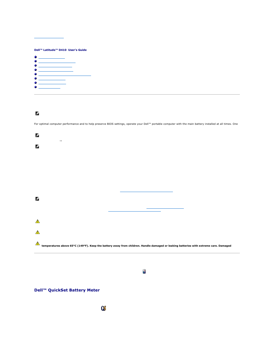 Using a battery, Battery performance, Checking the battery charge | Dell™ quickset battery meter | Dell Latitude D410 User Manual | Page 11 / 107