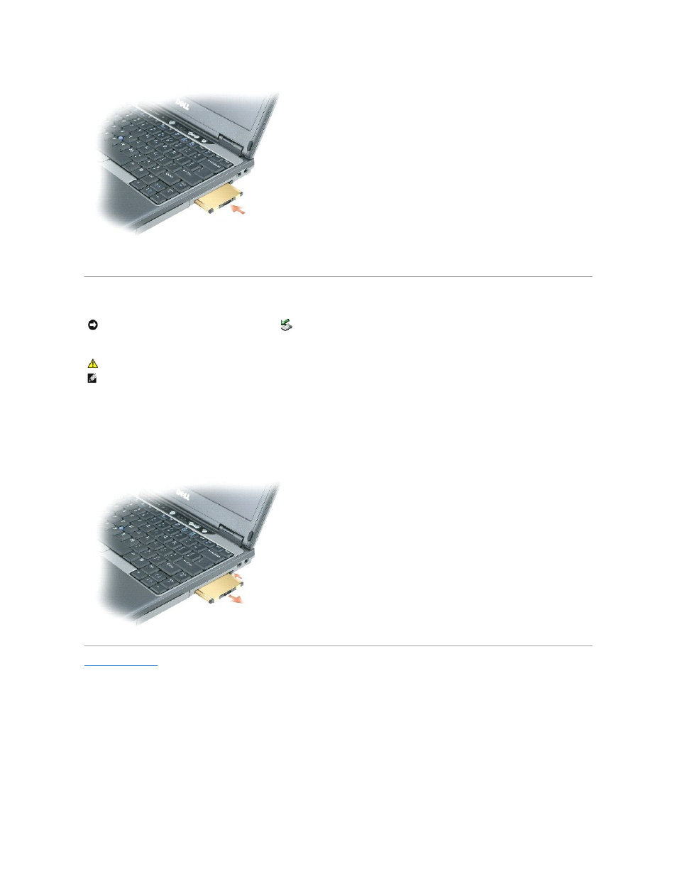 Removing a pc card or blank, To remove the blank, see | Dell Latitude D410 User Manual | Page 61 / 107