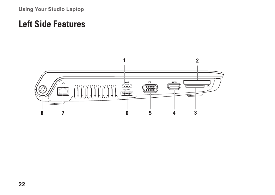 Left side features | Dell Studio 1450 (Mid 2009) User Manual | Page 24 / 94