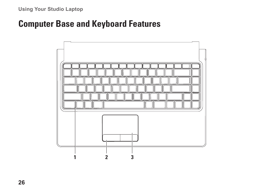 Computer base and keyboard features | Dell Studio 1450 (Mid 2009) User Manual | Page 28 / 94