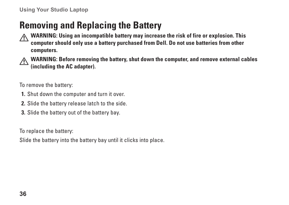 Removing and replacing the battery | Dell Studio 1450 (Mid 2009) User Manual | Page 38 / 94