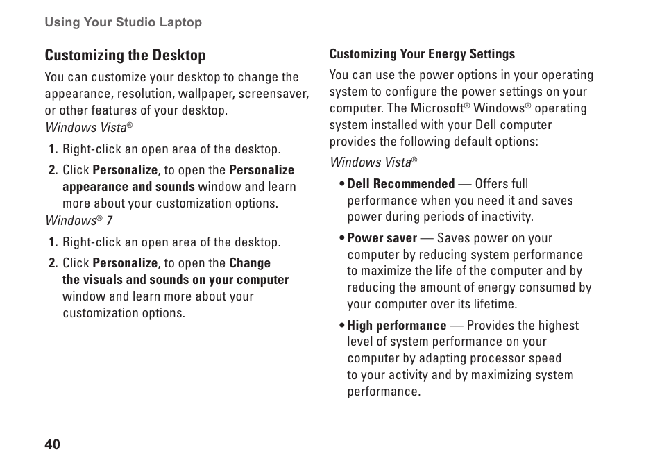 Customizing the desktop | Dell Studio 1450 (Mid 2009) User Manual | Page 42 / 94