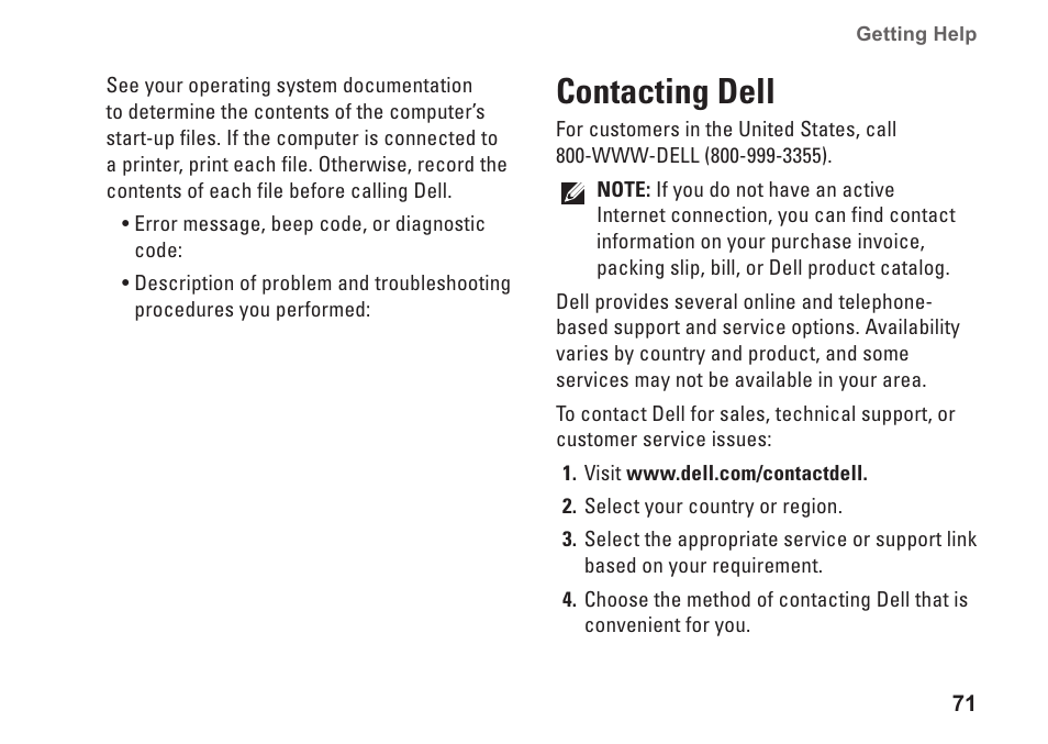 Contacting dell | Dell Studio 1450 (Mid 2009) User Manual | Page 73 / 94