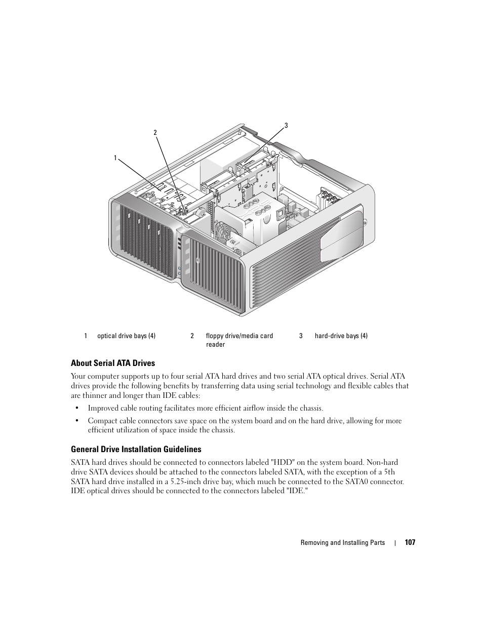 About serial ata drives, General drive installation guidelines | Dell XPS 720 (Mid 2007) User Manual | Page 107 / 218