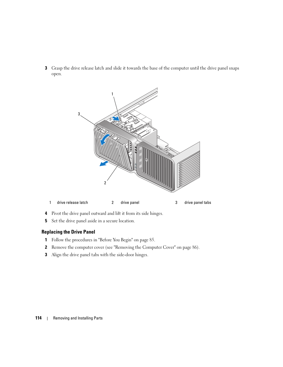 Replacing the drive panel | Dell XPS 720 (Mid 2007) User Manual | Page 114 / 218