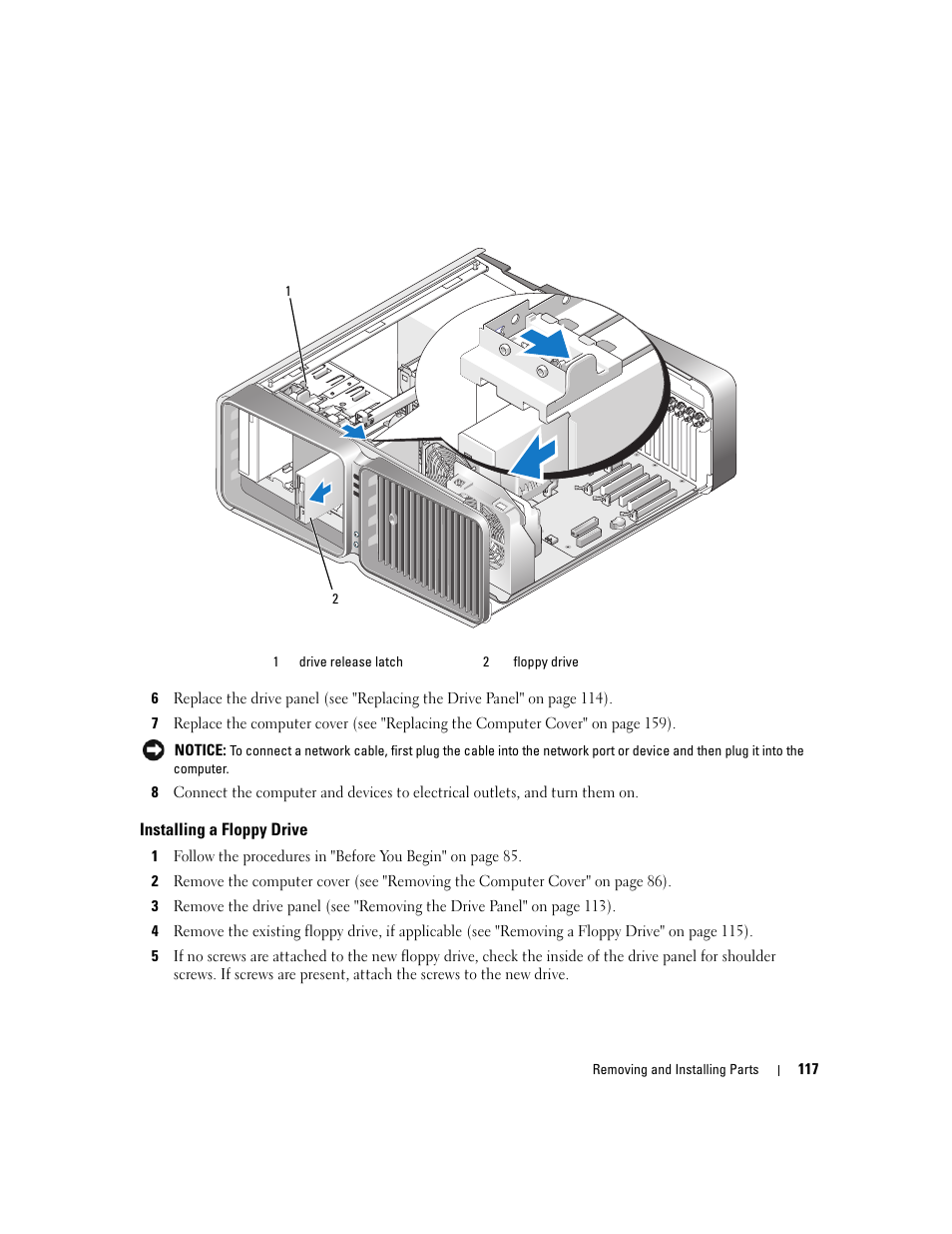 Installing a floppy drive | Dell XPS 720 (Mid 2007) User Manual | Page 117 / 218