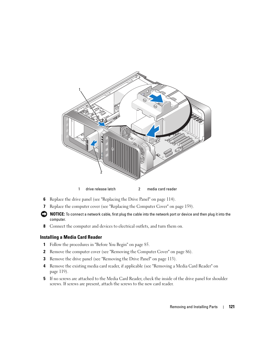 Installing a media card reader | Dell XPS 720 (Mid 2007) User Manual | Page 121 / 218