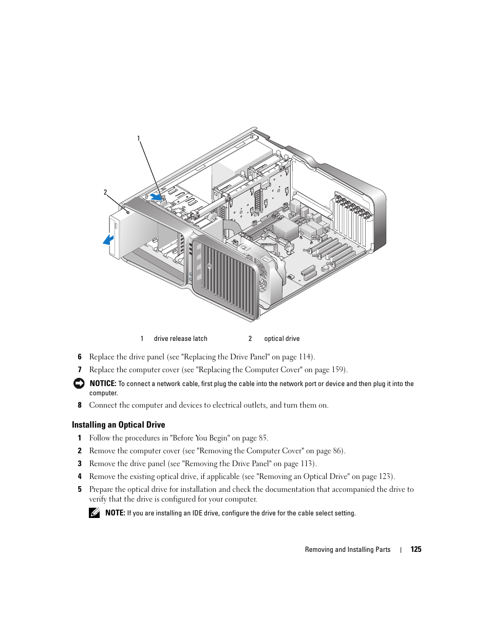 Installing an optical drive | Dell XPS 720 (Mid 2007) User Manual | Page 125 / 218