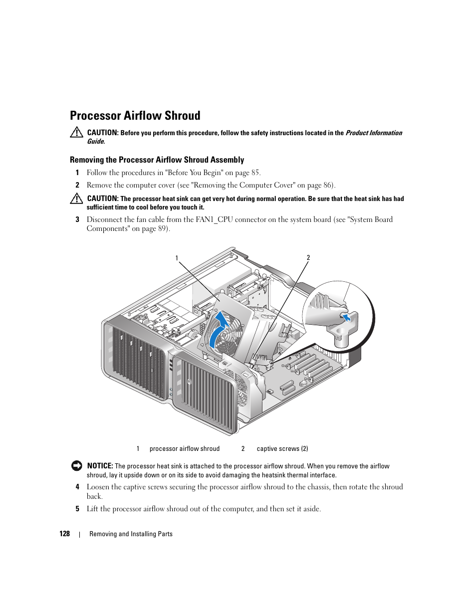 Processor airflow shroud, Removing the processor airflow shroud assembly | Dell XPS 720 (Mid 2007) User Manual | Page 128 / 218