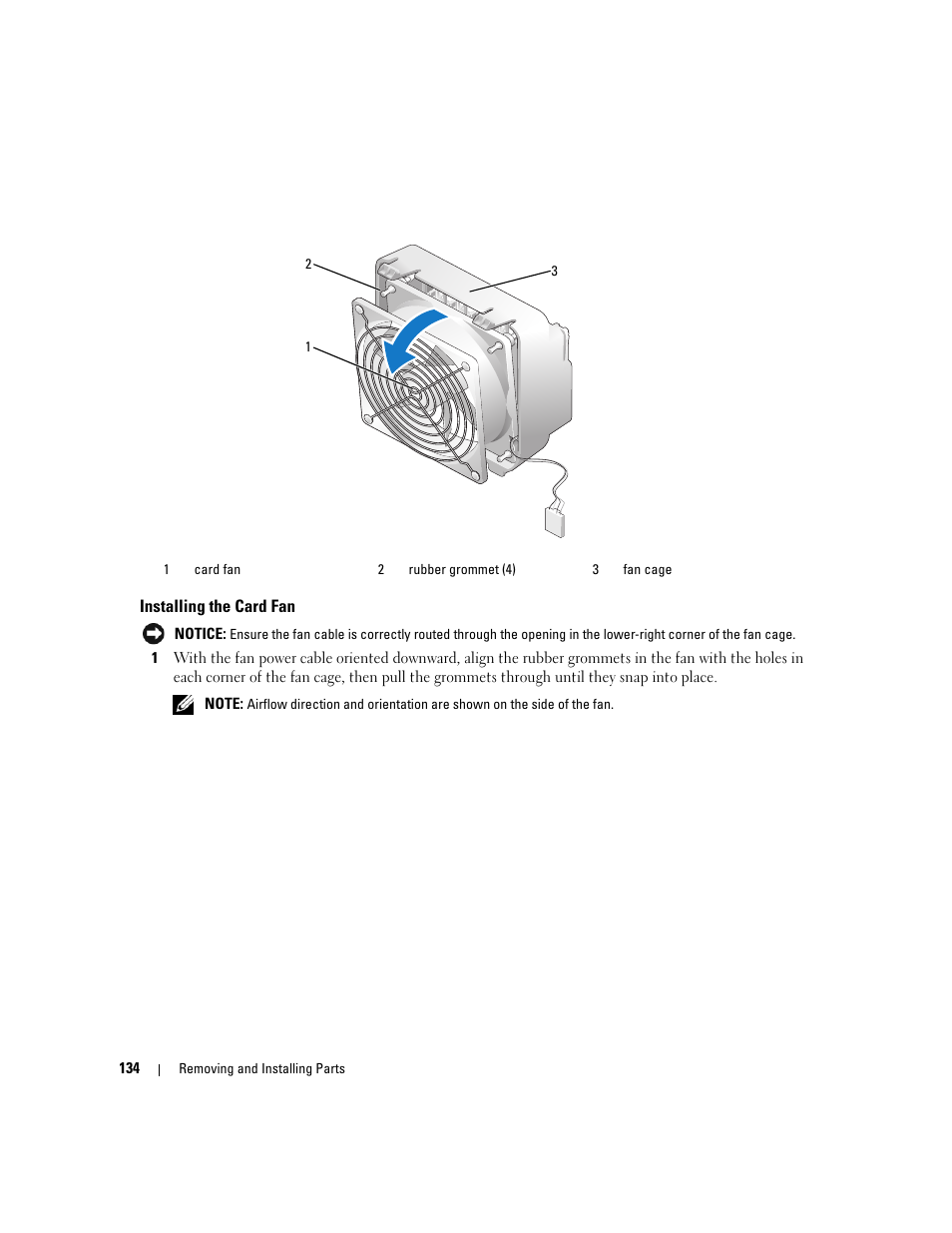 Installing the card fan | Dell XPS 720 (Mid 2007) User Manual | Page 134 / 218