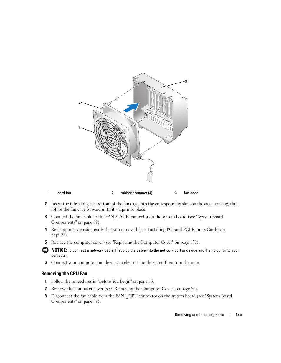 Removing the cpu fan | Dell XPS 720 (Mid 2007) User Manual | Page 135 / 218