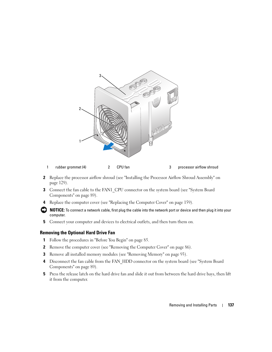 Removing the optional hard drive fan | Dell XPS 720 (Mid 2007) User Manual | Page 137 / 218