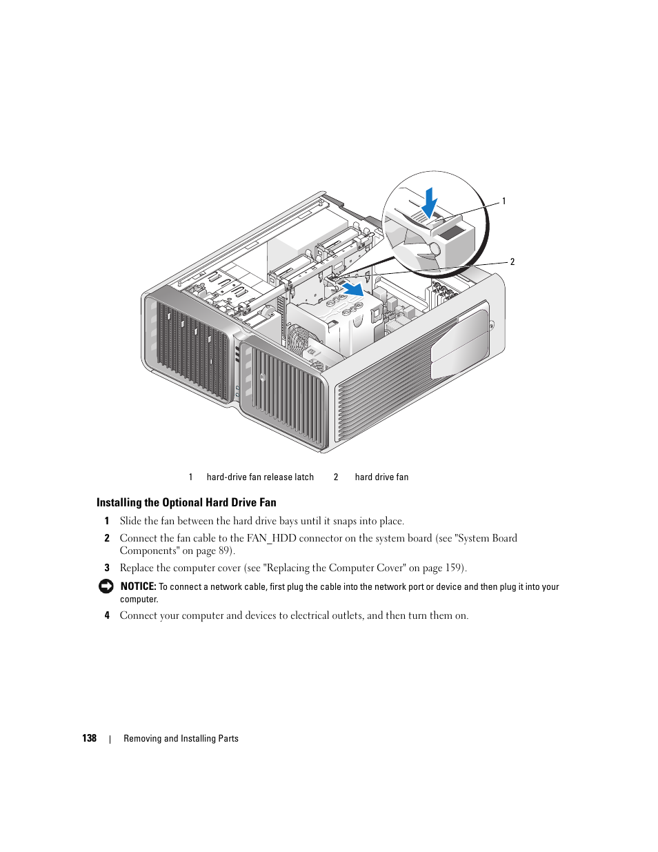 Installing the optional hard drive fan | Dell XPS 720 (Mid 2007) User Manual | Page 138 / 218