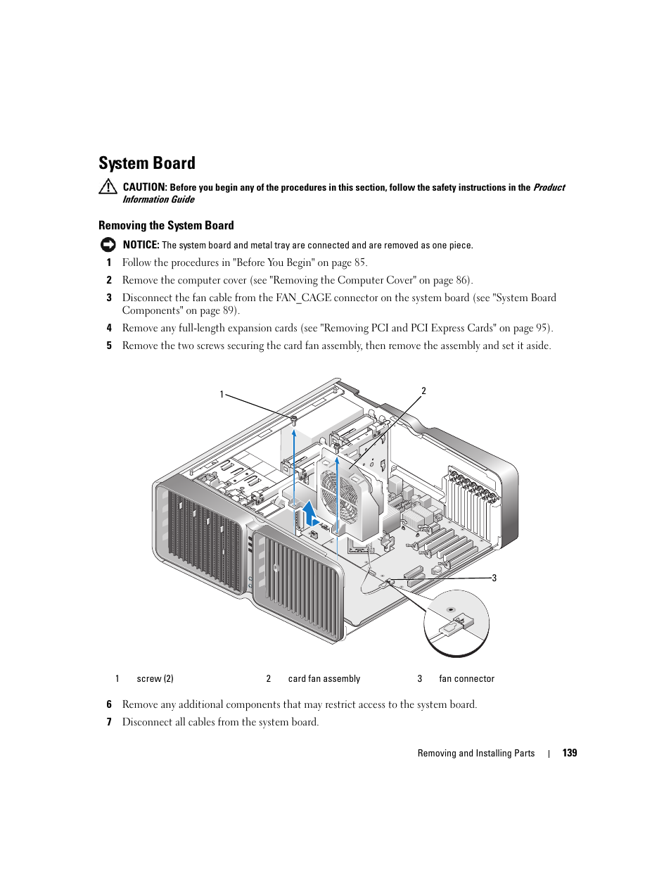 System board, Removing the system board | Dell XPS 720 (Mid 2007) User Manual | Page 139 / 218