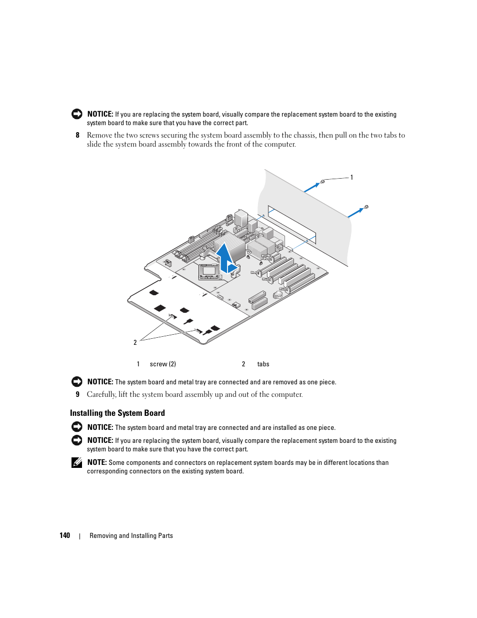 Installing the system board | Dell XPS 720 (Mid 2007) User Manual | Page 140 / 218