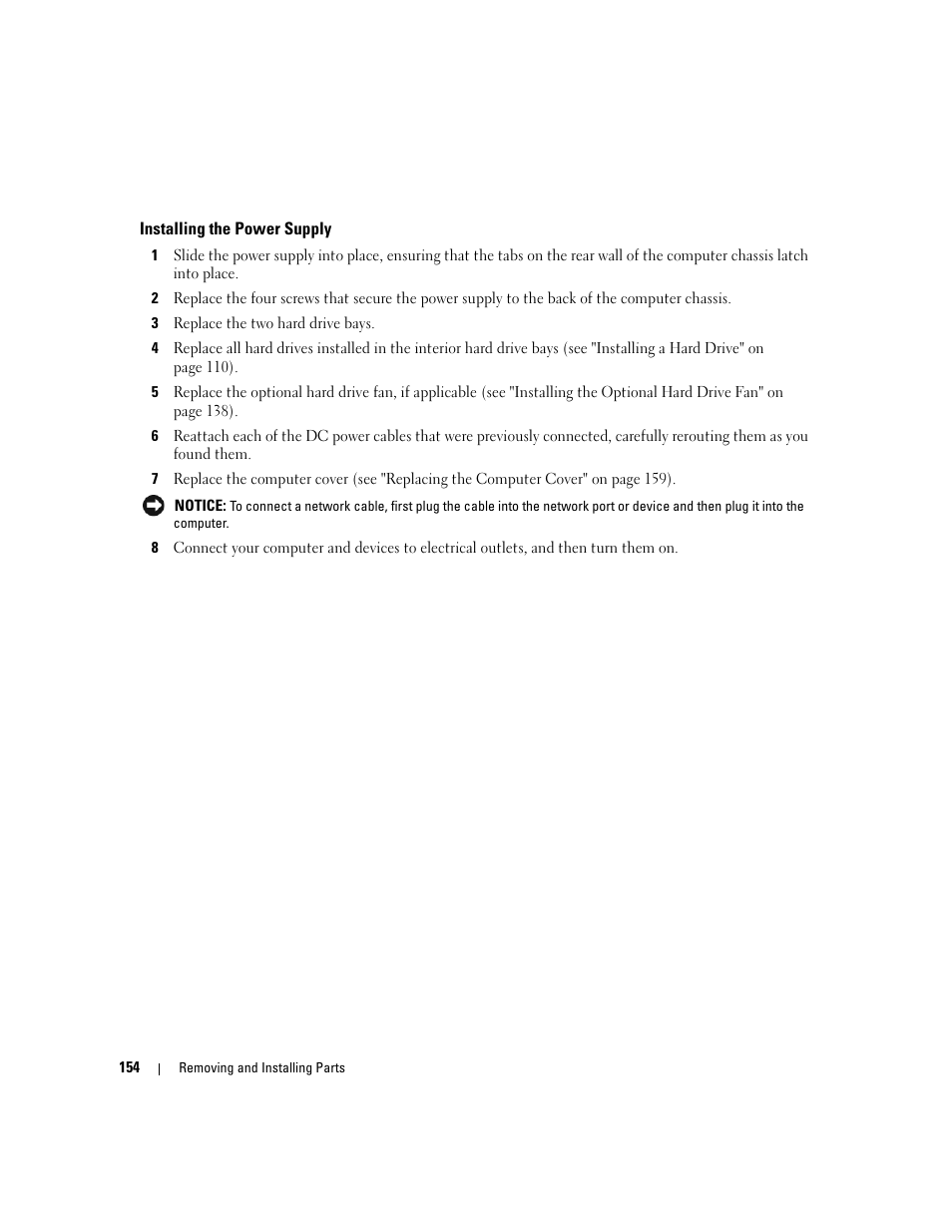 Installing the power supply | Dell XPS 720 (Mid 2007) User Manual | Page 154 / 218