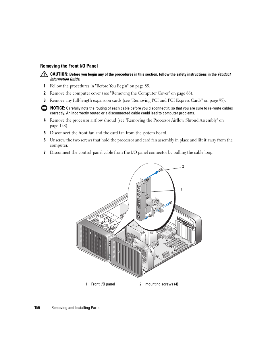 Removing the front i/o panel | Dell XPS 720 (Mid 2007) User Manual | Page 156 / 218