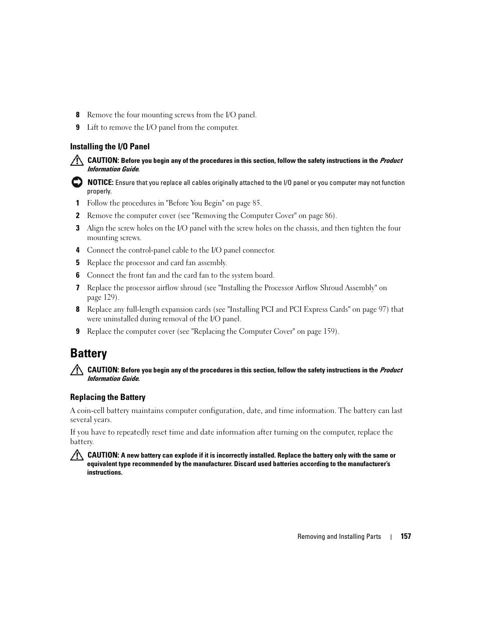 Installing the i/o panel, Battery, Replacing the battery | Dell XPS 720 (Mid 2007) User Manual | Page 157 / 218