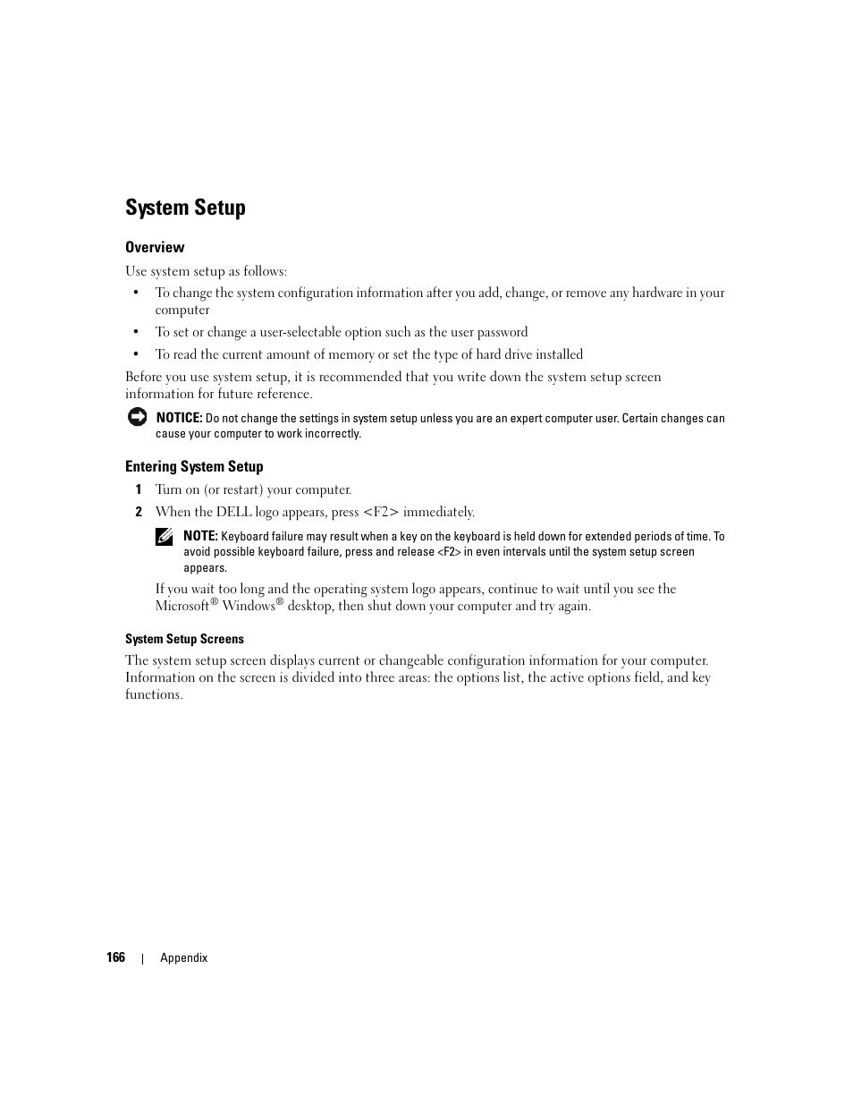 System setup, Overview, Entering system setup | Dell XPS 720 (Mid 2007) User Manual | Page 166 / 218