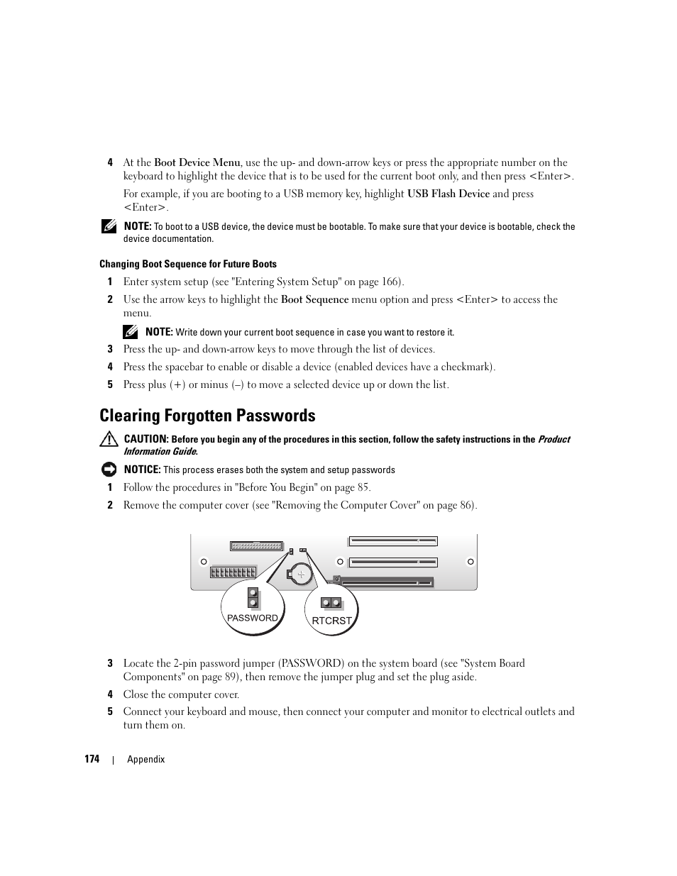 Clearing forgotten passwords | Dell XPS 720 (Mid 2007) User Manual | Page 174 / 218