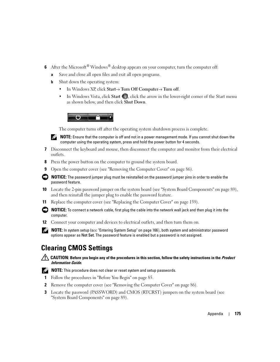 Clearing cmos settings | Dell XPS 720 (Mid 2007) User Manual | Page 175 / 218