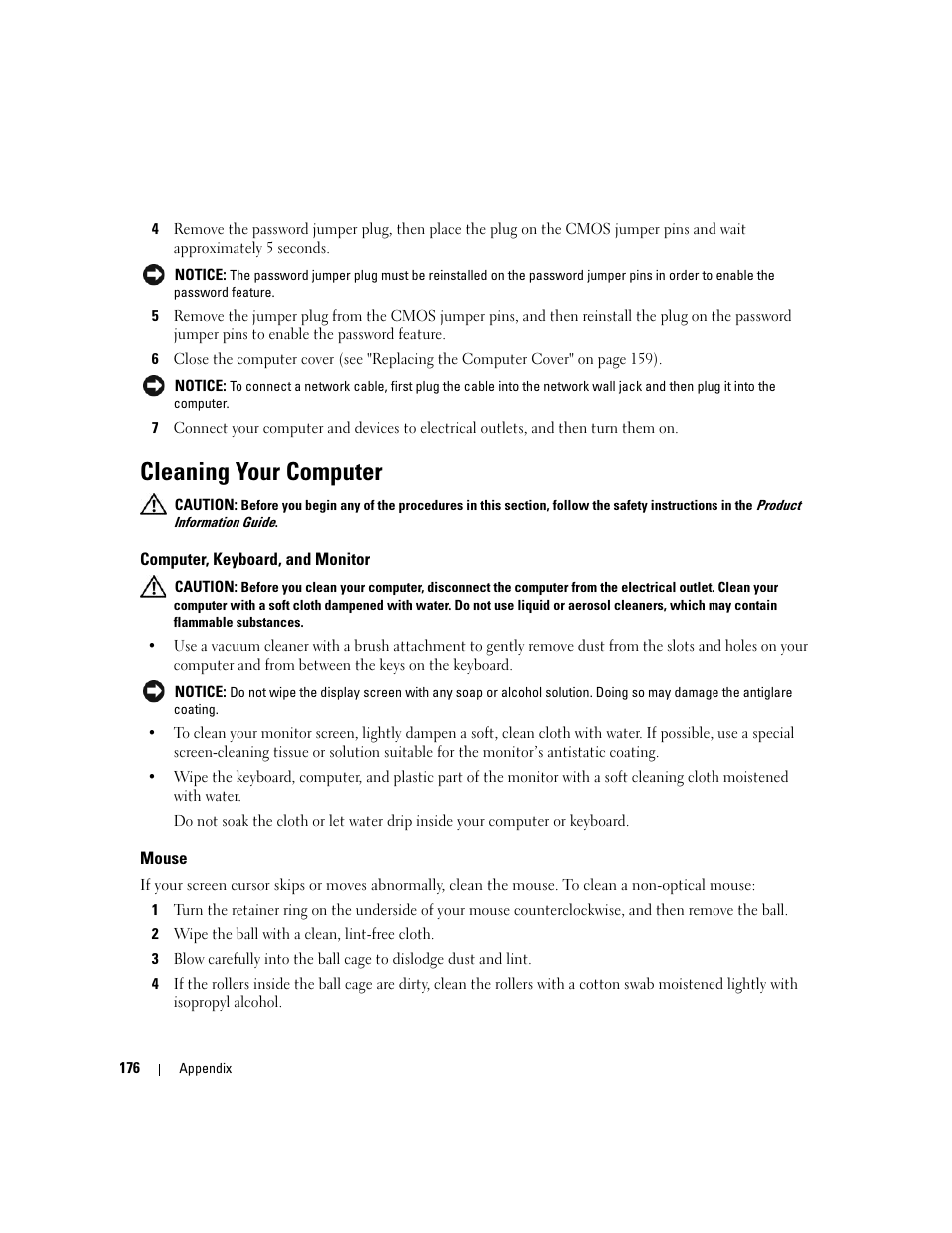 Cleaning your computer, Computer, keyboard, and monitor, Mouse | Dell XPS 720 (Mid 2007) User Manual | Page 176 / 218