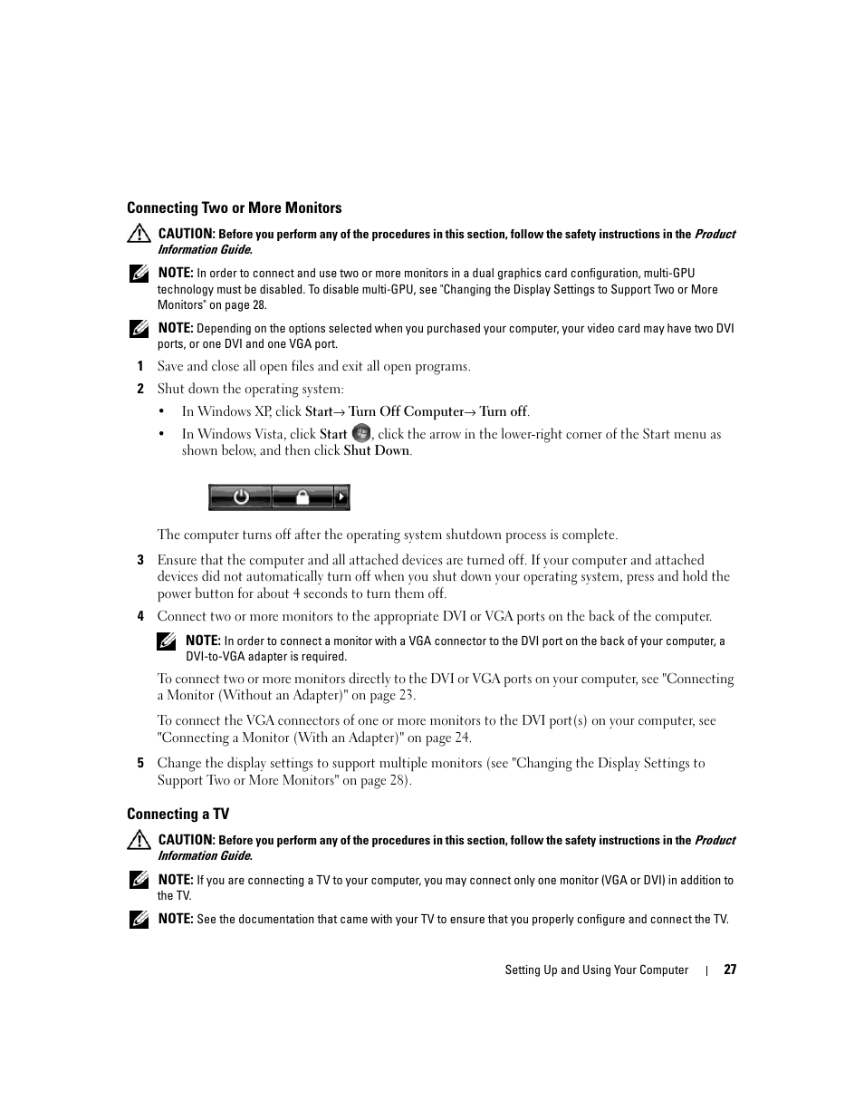 Connecting two or more monitors, Connecting a tv | Dell XPS 720 (Mid 2007) User Manual | Page 27 / 218