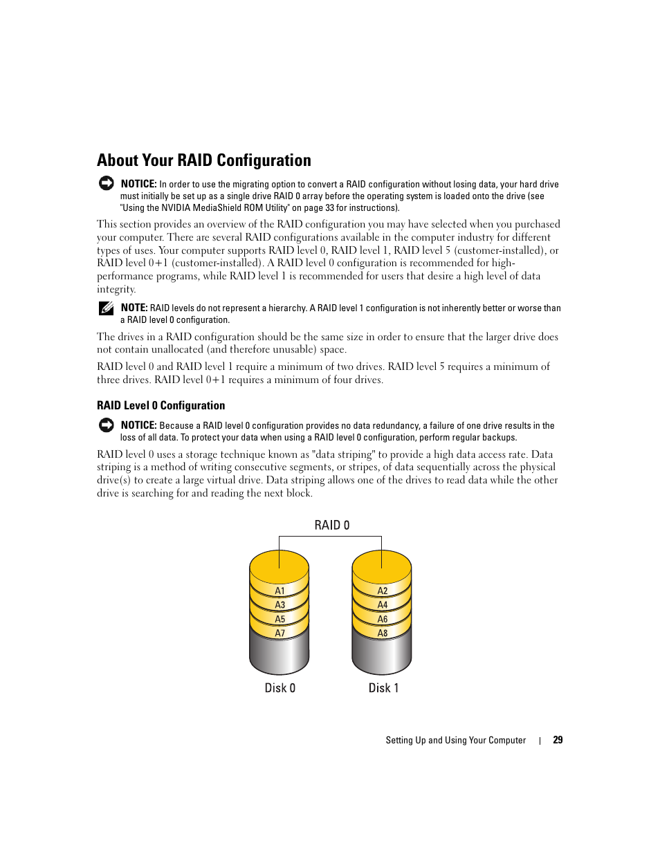 About your raid configuration, Raid level 0 configuration | Dell XPS 720 (Mid 2007) User Manual | Page 29 / 218