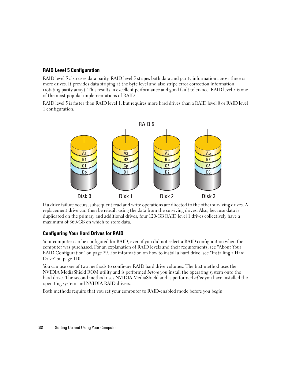 Raid level 5 configuration, Configuring your hard drives for raid | Dell XPS 720 (Mid 2007) User Manual | Page 32 / 218