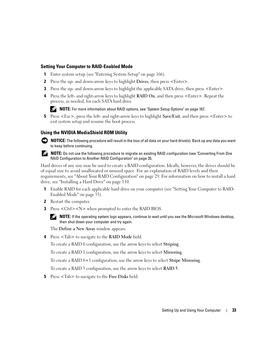 Setting your computer to raid-enabled mode, Using the nvidia mediashield rom utility | Dell XPS 720 (Mid 2007) User Manual | Page 33 / 218