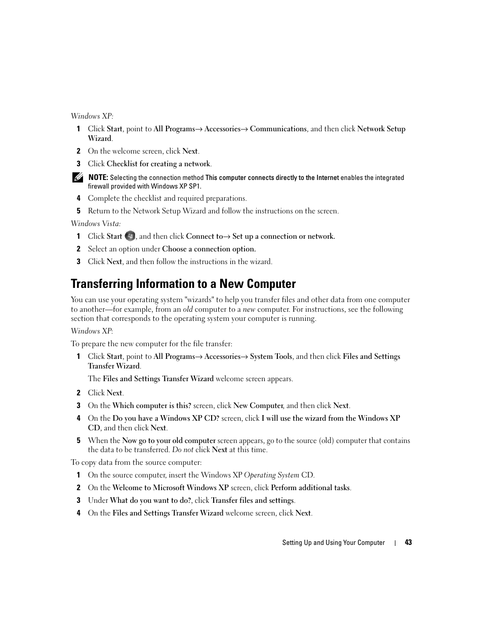 Transferring information to a new computer | Dell XPS 720 (Mid 2007) User Manual | Page 43 / 218