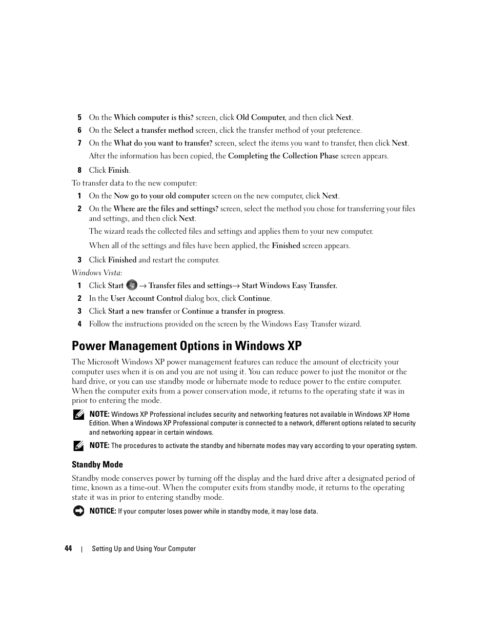 Power management options in windows xp, Standby mode | Dell XPS 720 (Mid 2007) User Manual | Page 44 / 218