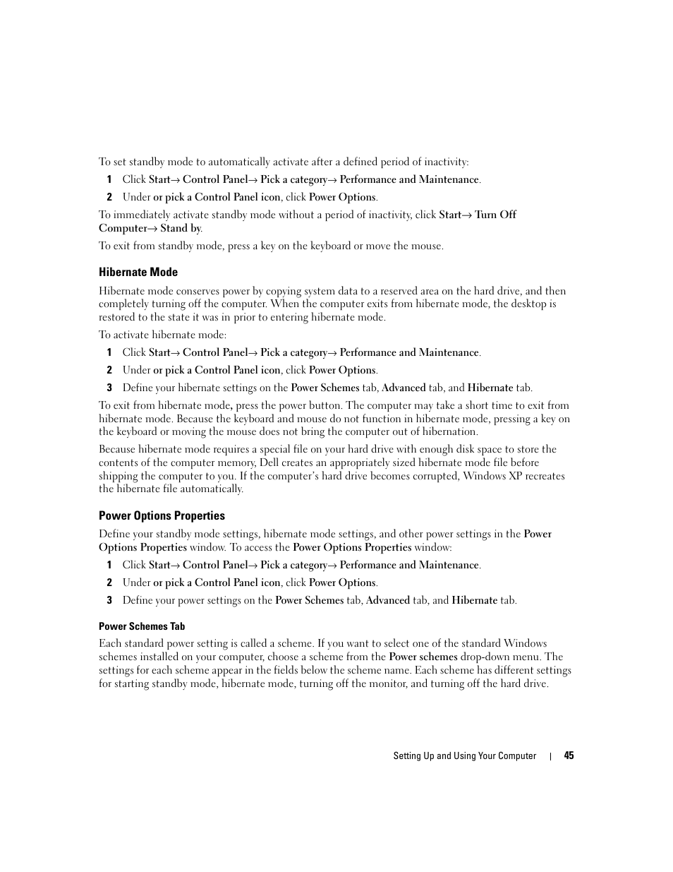 Hibernate mode, Power options properties | Dell XPS 720 (Mid 2007) User Manual | Page 45 / 218