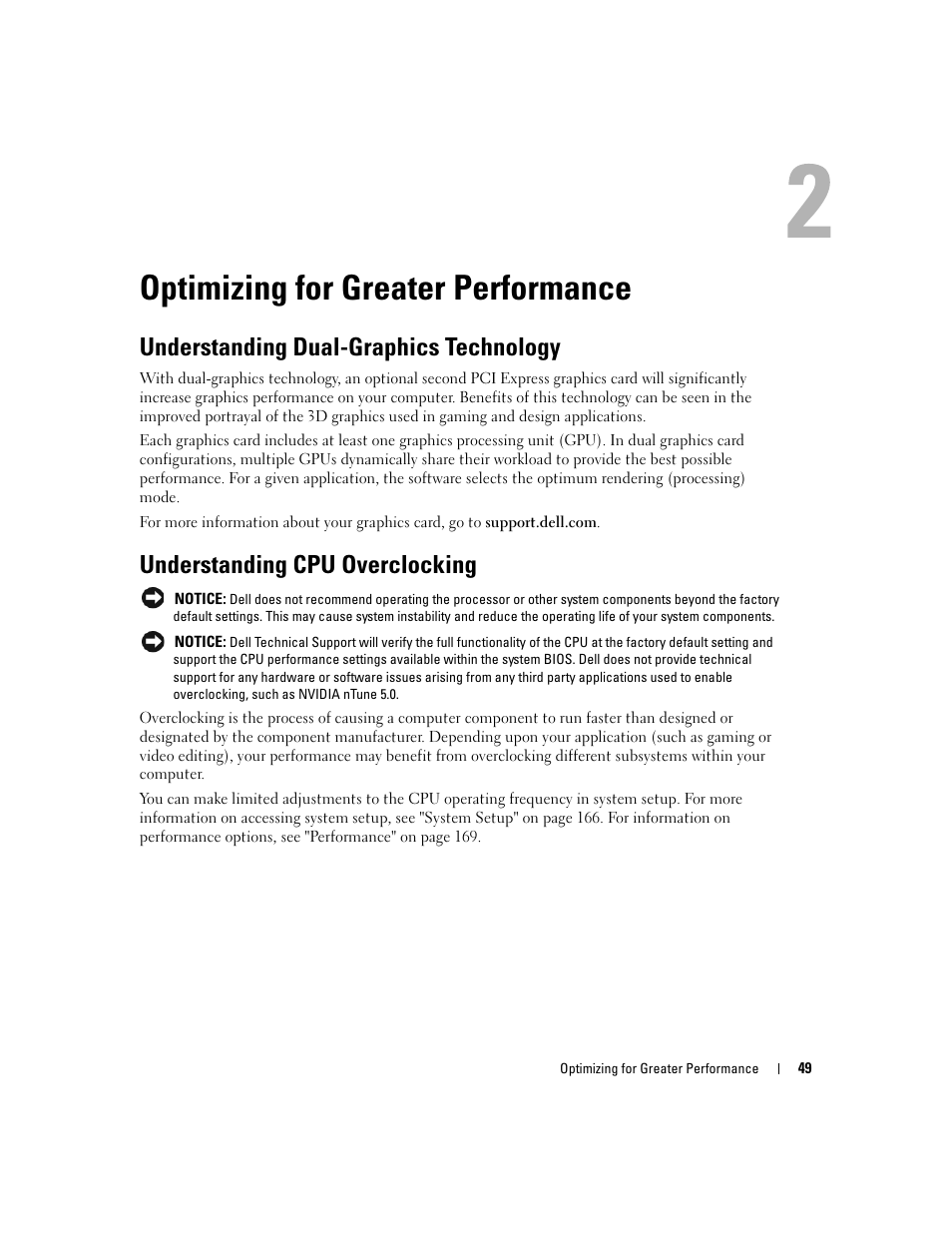 Optimizing for greater performance, Understanding dual-graphics technology, Understanding cpu overclocking | Dell XPS 720 (Mid 2007) User Manual | Page 49 / 218